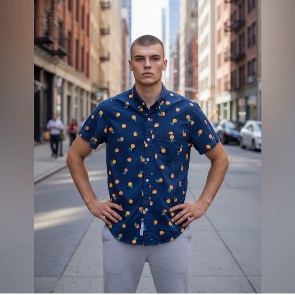 J. Crew Navy Short-Sleeve Flex Casual Button-Down with Orange Fruit Print Size M